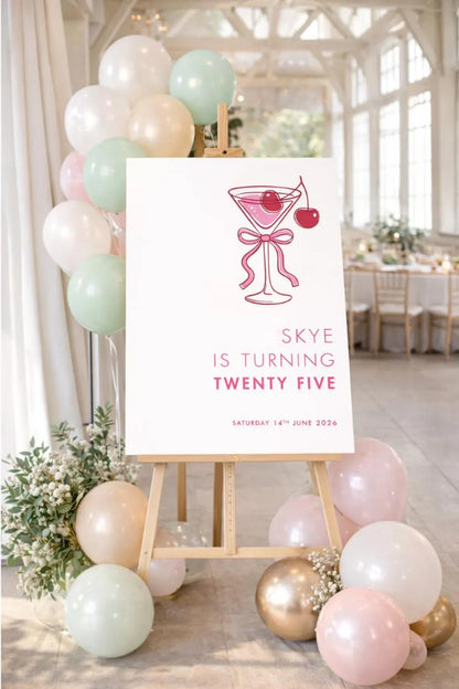 Personalised Pink MARTINI BIRTHDAY WELCOME Sign Board For Milestone Party Décor