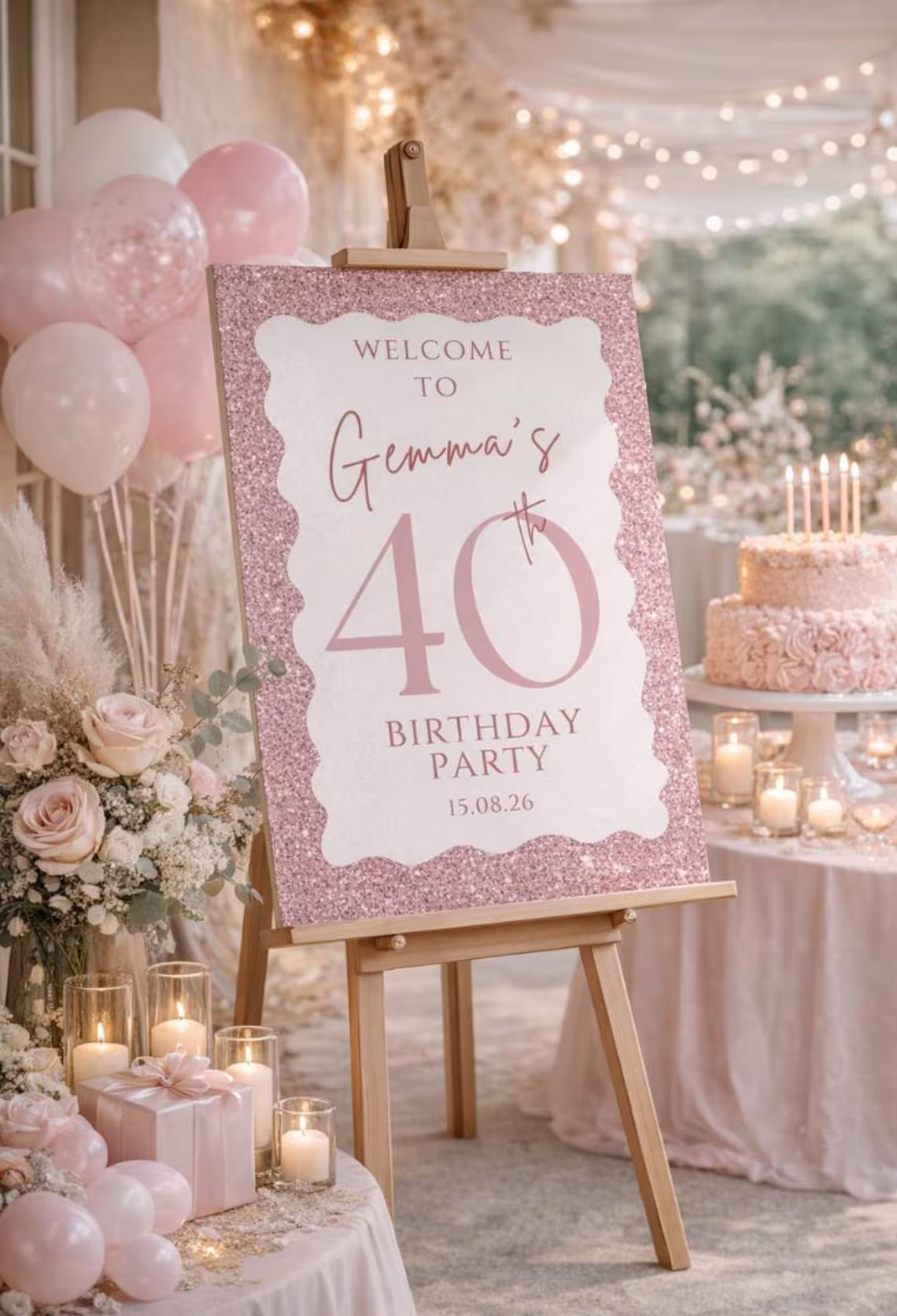 personalised 40th birthday sign: pink glitter welcome board for milestone party décor