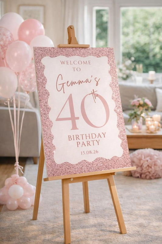 Personalised 40TH BIRTHDAY SIGN: Pink Glitter Welcome Board For Milestone Party Décor