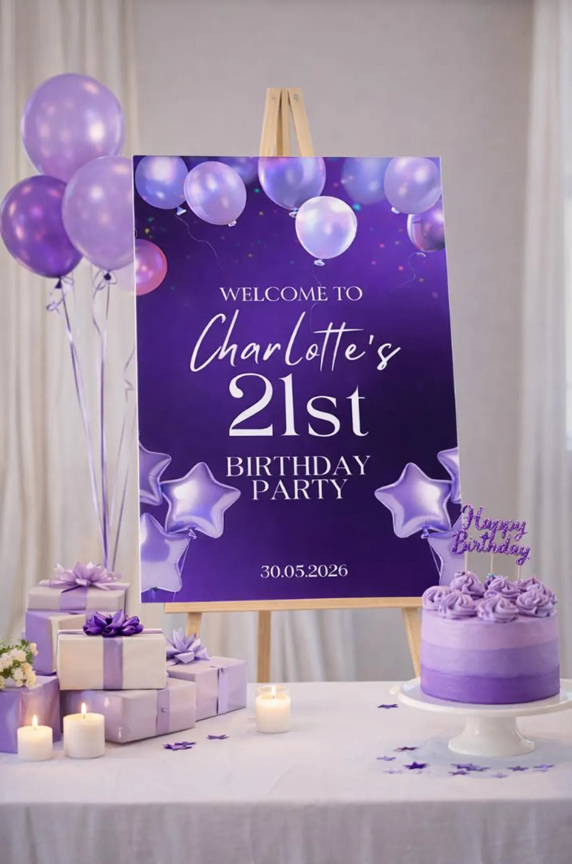 personalised purple balloon birthday welcome sign: foam board party entrance décor