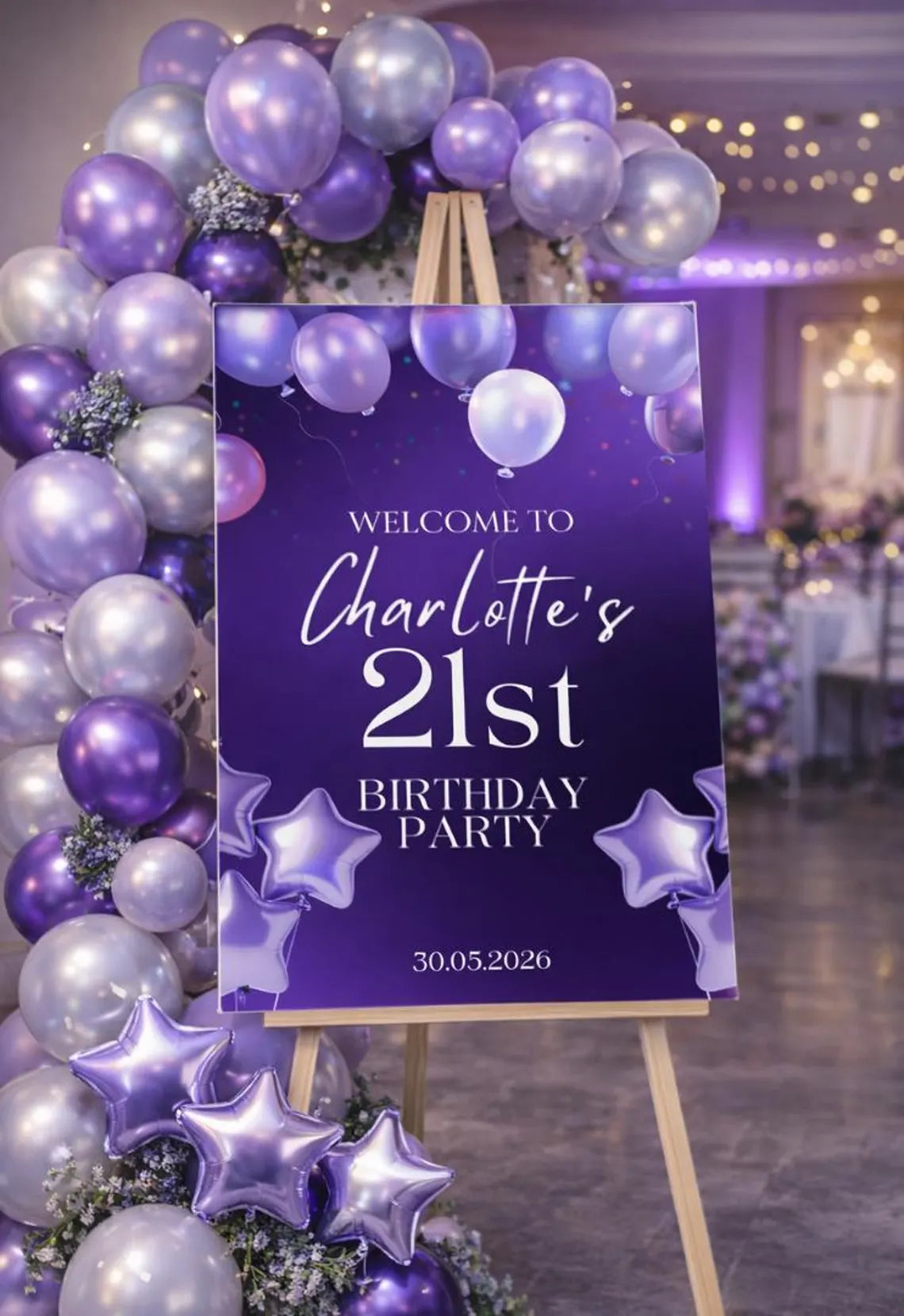 personalised purple balloon birthday welcome sign: foam board party entrance décor