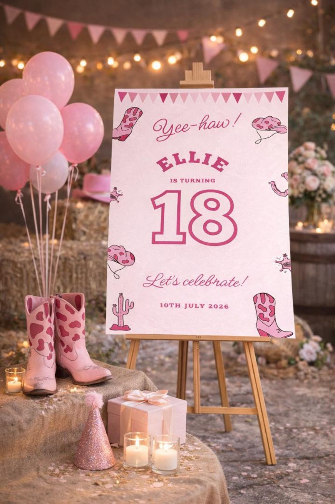 personalised birthday welcome sign: pink cowgirl foam board party décor