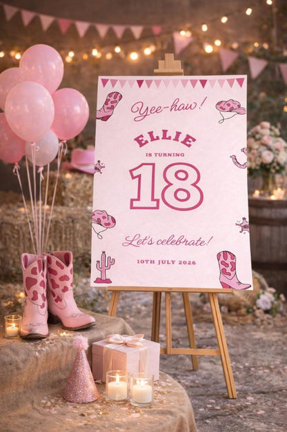 Personalised BIRTHDAY WELCOME SIGN: Pink Cowgirl Foam Board Party Décor