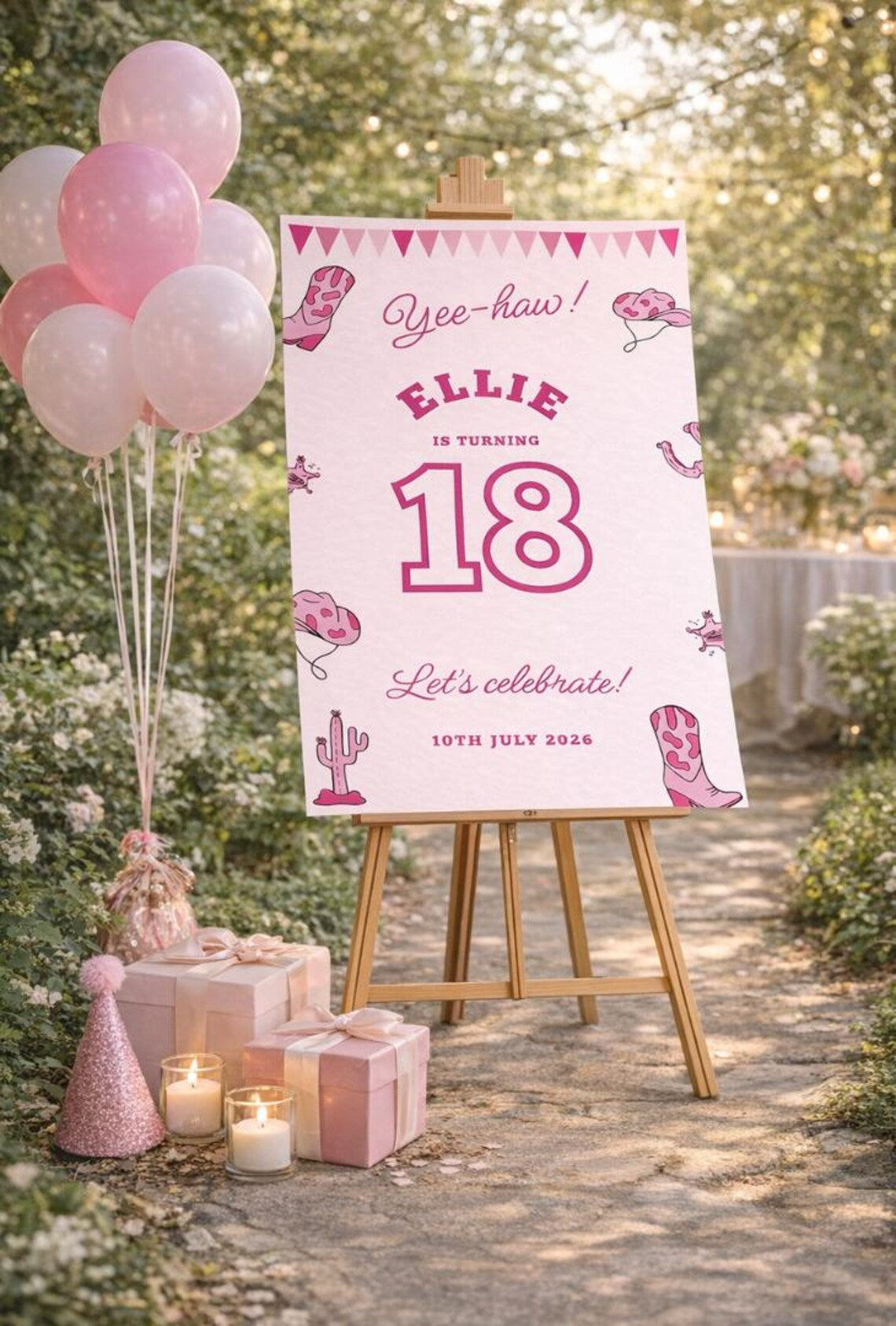 personalised birthday welcome sign: pink cowgirl foam board party décor
