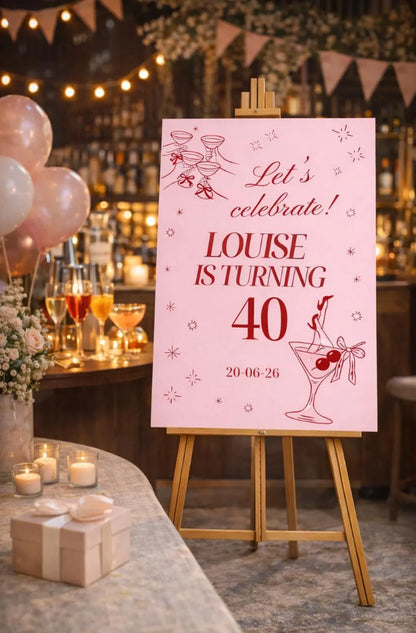Personalised BIRTHDAY WELCOME SIGN: Pink Red Cocktail Party Foamboard Décor