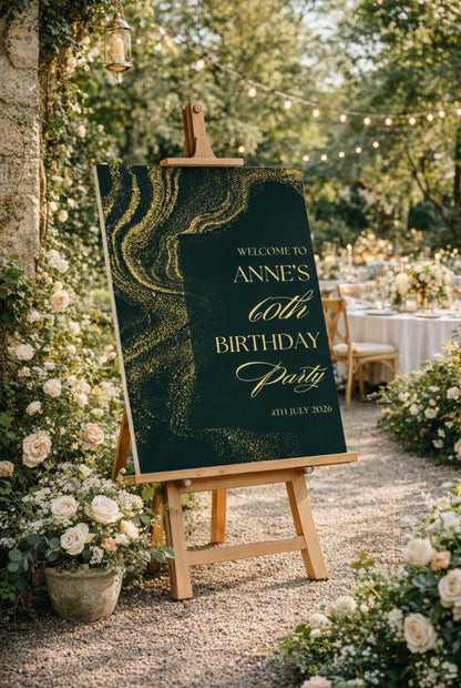 Personalised Birthday Welcome Sign – Emerald Green & Gold Party Board – Elegant Milestone Birthday Sign – Luxury Foam Board Décor