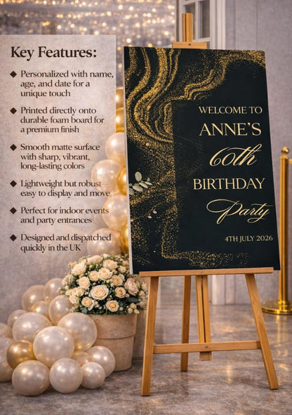Personalised Birthday Welcome Sign – Emerald Green & Gold Party Board – Elegant Milestone Birthday Sign – Luxury Foam Board Décor