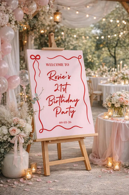 Personalised Birthday Welcome Sign – Pink & Red Bow Party Board – Modern Bow Birthday Sign – Custom Milestone Foam Board Decor