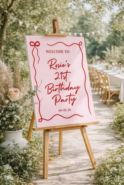 Personalised Birthday Welcome Sign – Pink & Red Bow Party Board – Modern Bow Birthday Sign – Custom Milestone Foam Board Decor