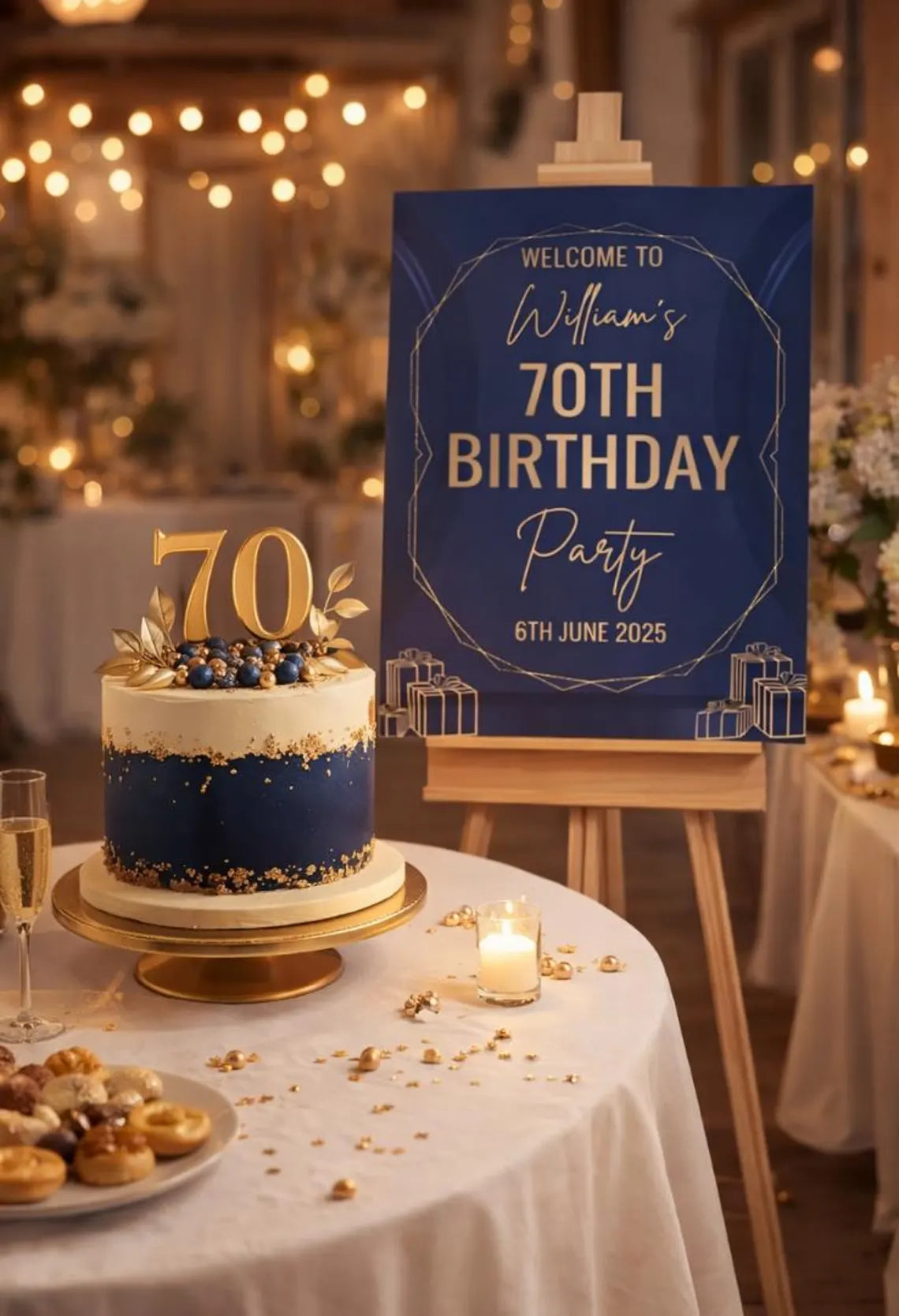 personalised navy gold birthday welcome sign: custom foam board party decor