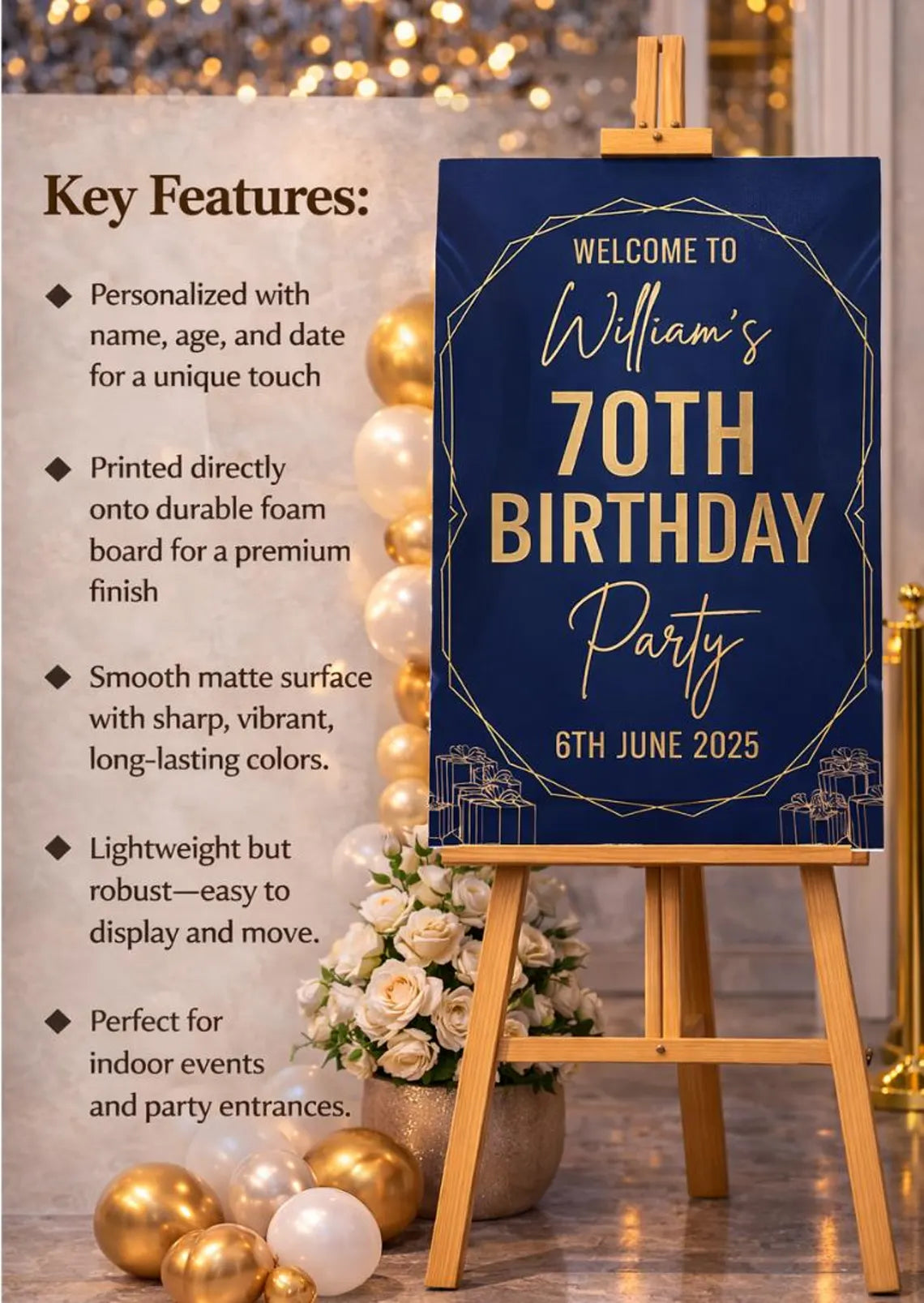 personalised navy gold birthday welcome sign: custom foam board party decor