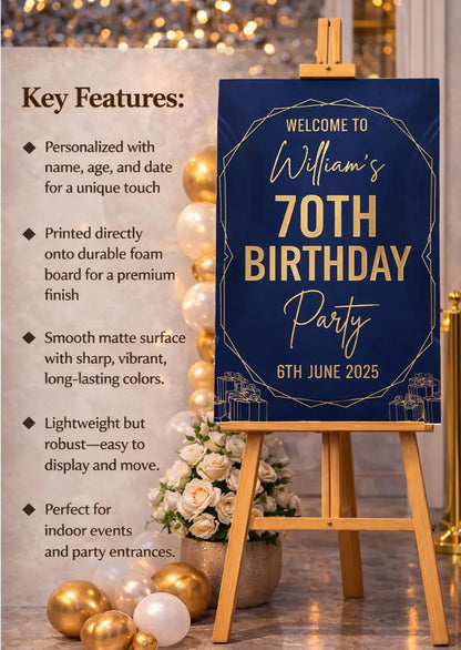 Personalised NAVY GOLD BIRTHDAY Welcome Sign: Custom Foam Board Party Decor