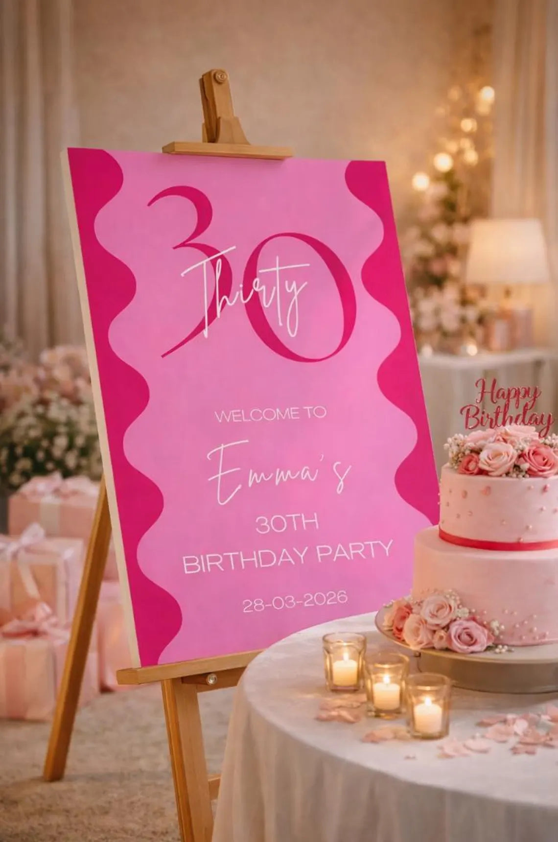 hot pink wavy birthday welcome sign: personalised foam board party entrance décor