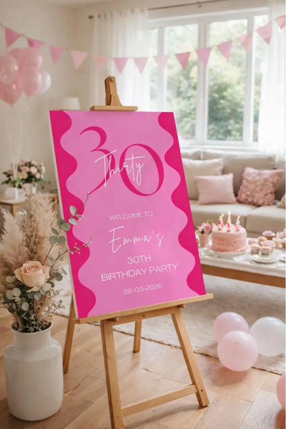 Hot Pink Wavy BIRTHDAY WELCOME SIGN: Personalised Foam Board Party Entrance Décor