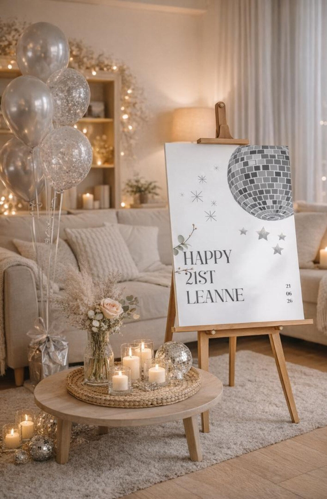 personalised birthday welcome sign: custom birthday board with silver disco ball, indoor printed decoration