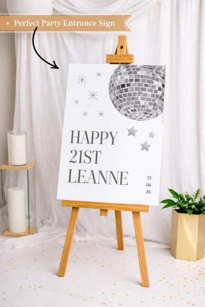 Personalised BIRTHDAY WELCOME SIGN: Custom Birthday Board with silver disco ball, Indoor Printed Decoration