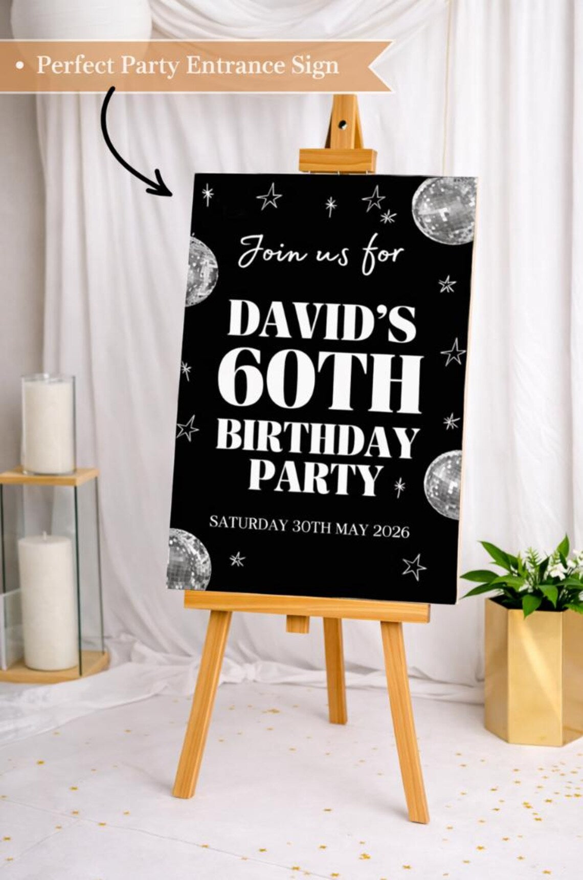 personalised birthday welcome sign: disco ball party board – retro neon décor