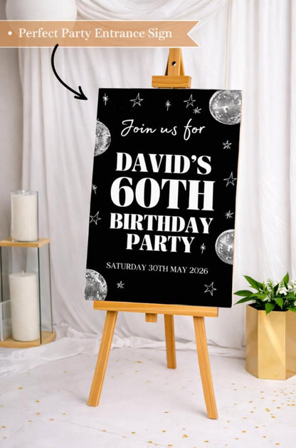 Personalised BIRTHDAY WELCOME SIGN: Disco Ball Party Board – Retro Neon Décor
