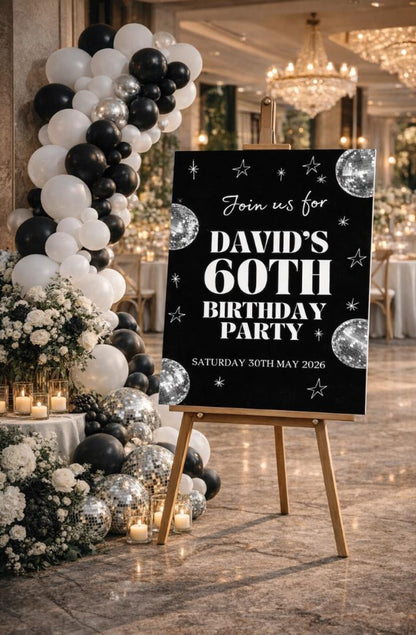 Personalised BIRTHDAY WELCOME SIGN: Disco Ball Party Board – Retro Neon Décor