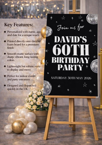 Personalised BIRTHDAY WELCOME SIGN: Disco Ball Party Board – Retro Neon Décor