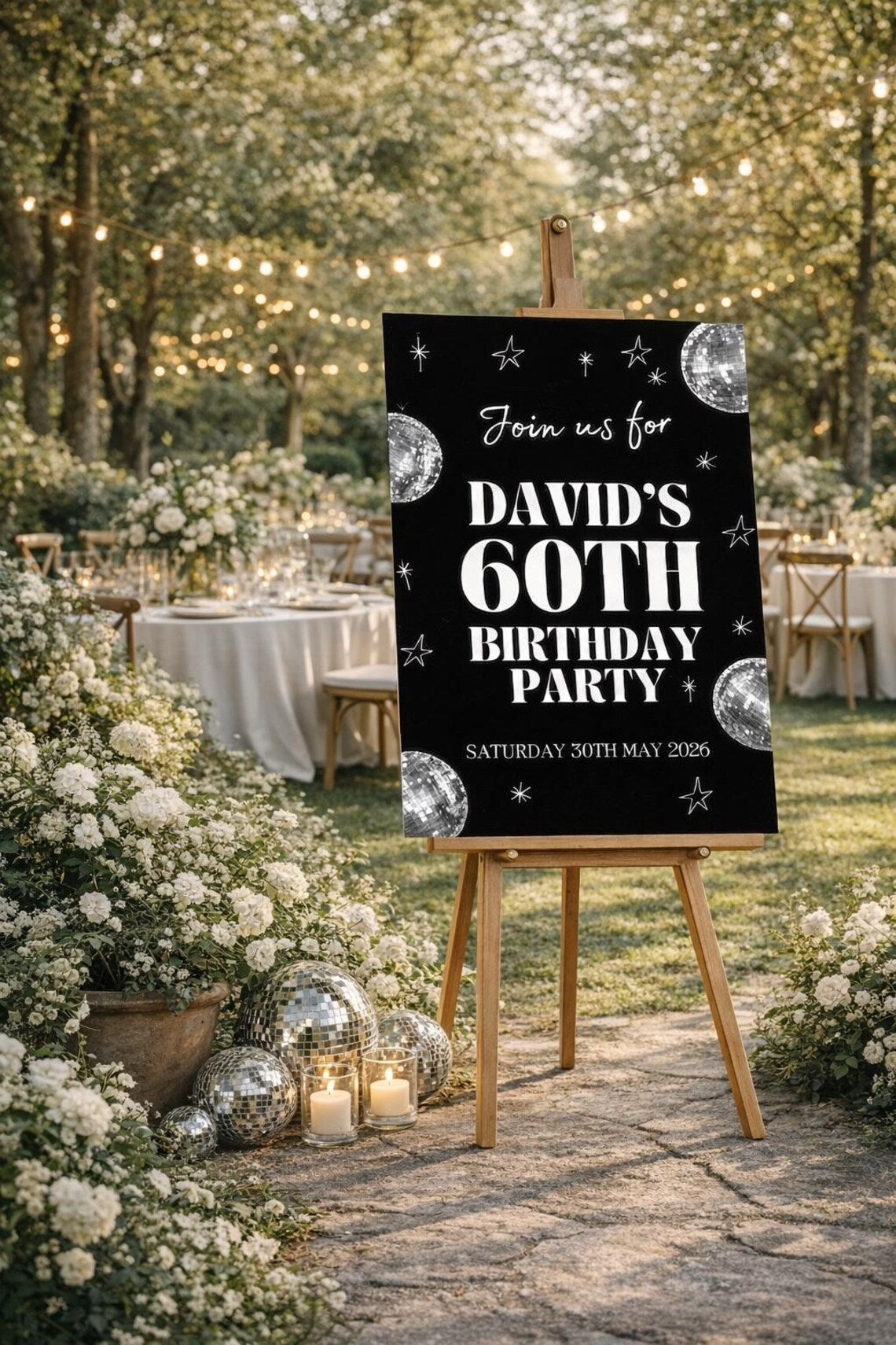 personalised birthday welcome sign: disco ball party board – retro neon décor