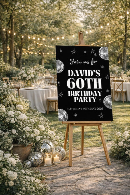 Personalised BIRTHDAY WELCOME SIGN: Disco Ball Party Board – Retro Neon Décor