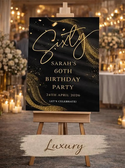 Personalised BIRTHDAY WELCOME SIGN: Custom Milestone Black Gold Glitter Birthday Board, Indoor Decoration