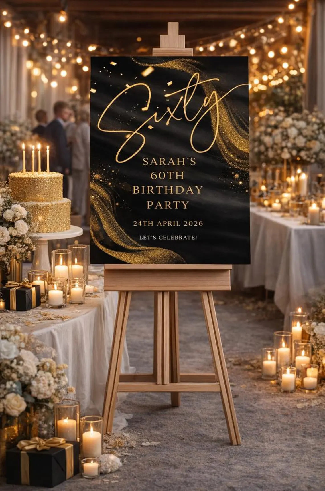 personalised birthday welcome sign: custom milestone black gold glitter birthday board, indoor decoration