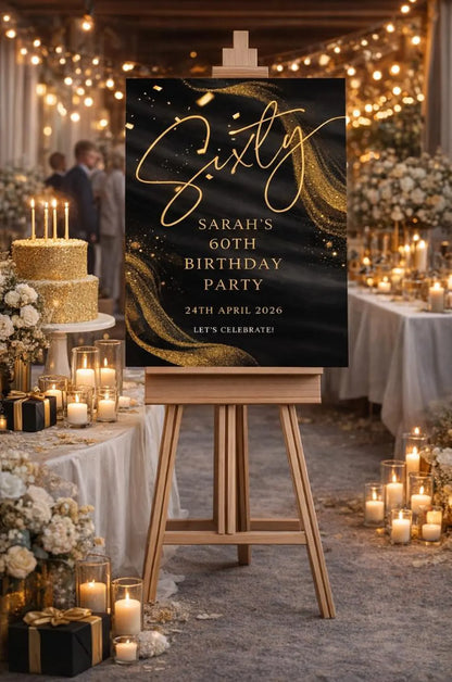 Personalised BIRTHDAY WELCOME SIGN: Custom Milestone Black Gold Glitter Birthday Board, Indoor Decoration