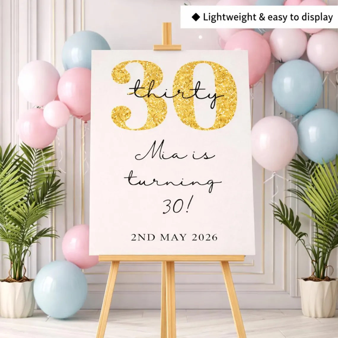 personalised cream and gold glitter birthday welcome sign for milestone party décor