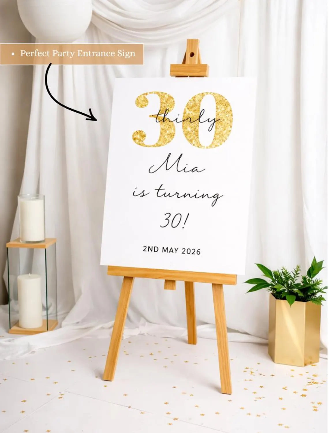 personalised cream and gold glitter birthday welcome sign for milestone party décor