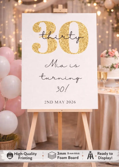 Personalised Cream And Gold Glitter BIRTHDAY WELCOME SIGN For Milestone Party Décor