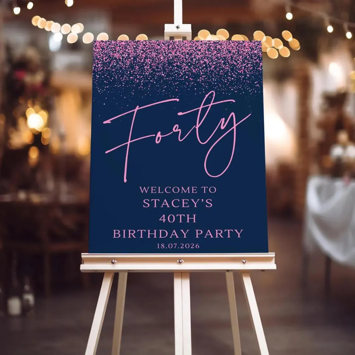 personalised birthday welcome sign: custom navy & pink glitter milestone birthday board indoor decoration