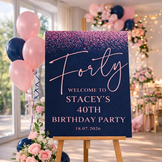 Personalised BIRTHDAY WELCOME SIGN: Custom Navy & Pink Glitter Milestone Birthday Board Indoor Decoration
