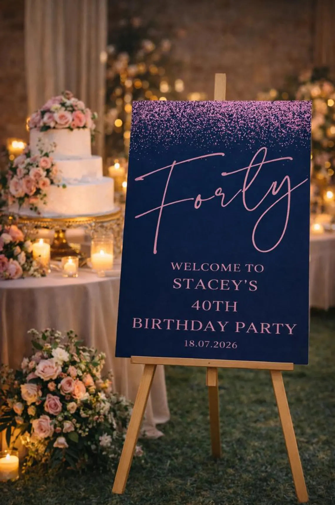 personalised birthday welcome sign: custom navy & pink glitter milestone birthday board indoor decoration