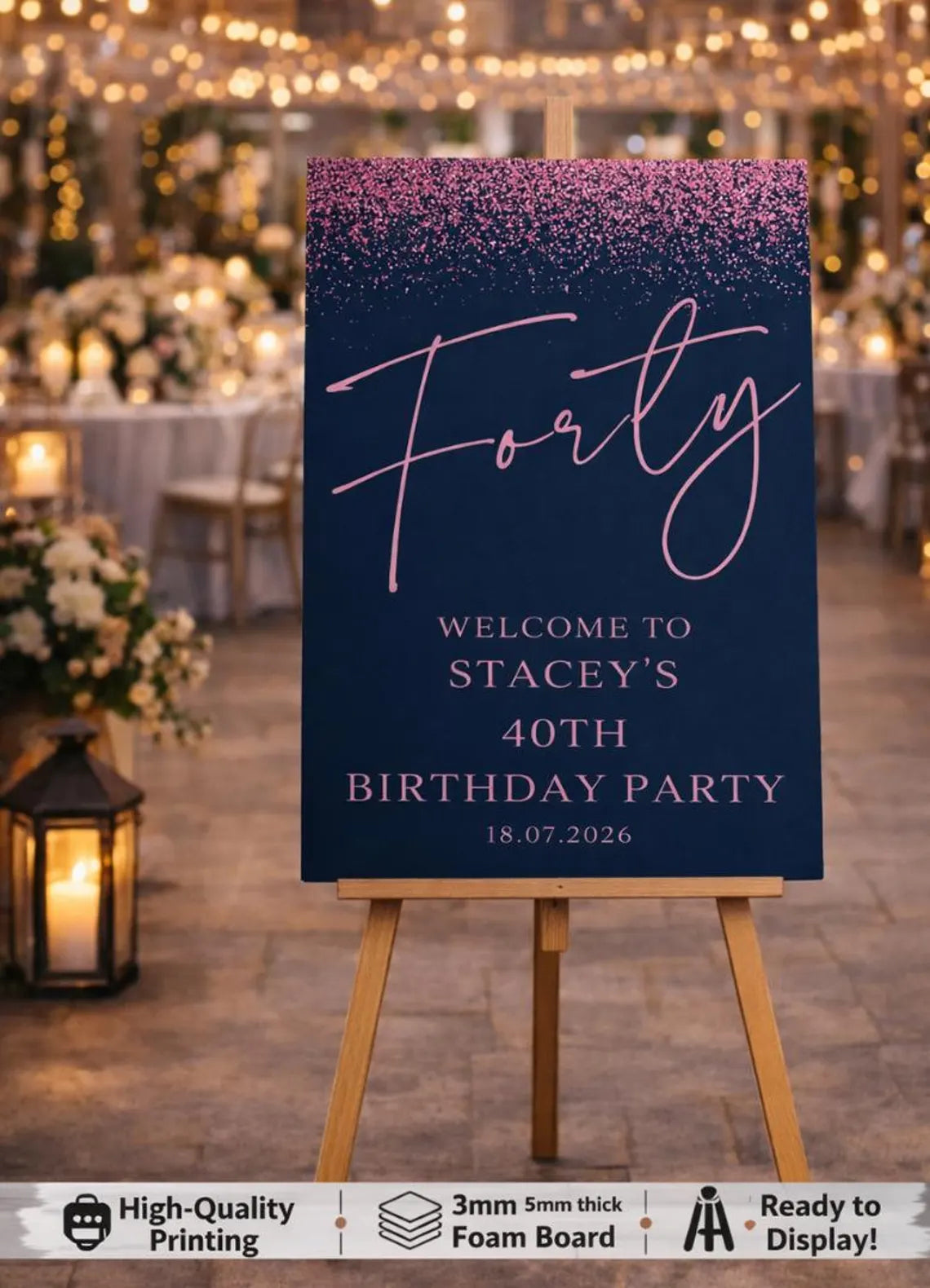 personalised birthday welcome sign: custom navy & pink glitter milestone birthday board indoor decoration