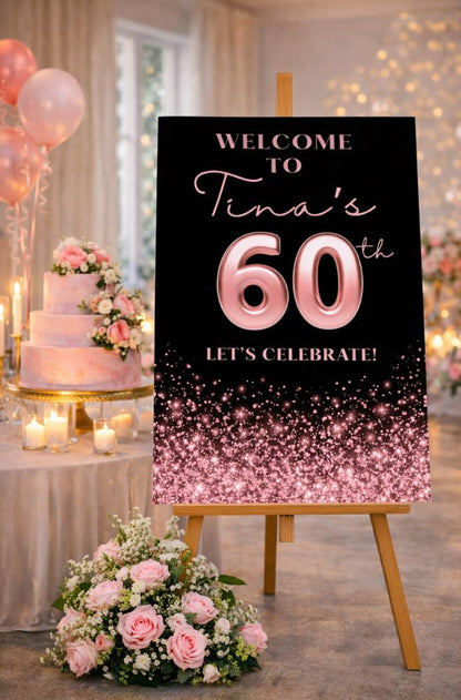 Personalised BIRTHDAY WELCOME SIGN: Custom Pink Glitter Milestone  Birthday Board, Indoor Decoration