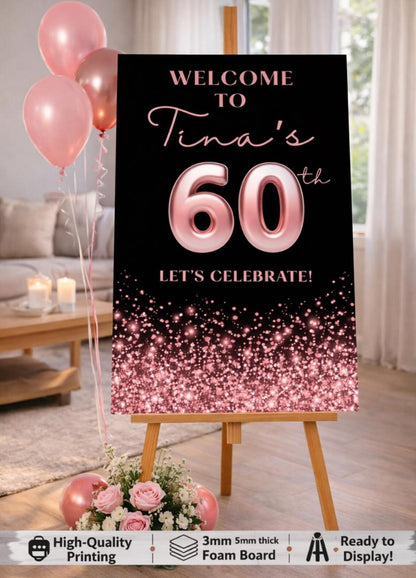 Personalised BIRTHDAY WELCOME SIGN: Custom Pink Glitter Milestone  Birthday Board, Indoor Decoration