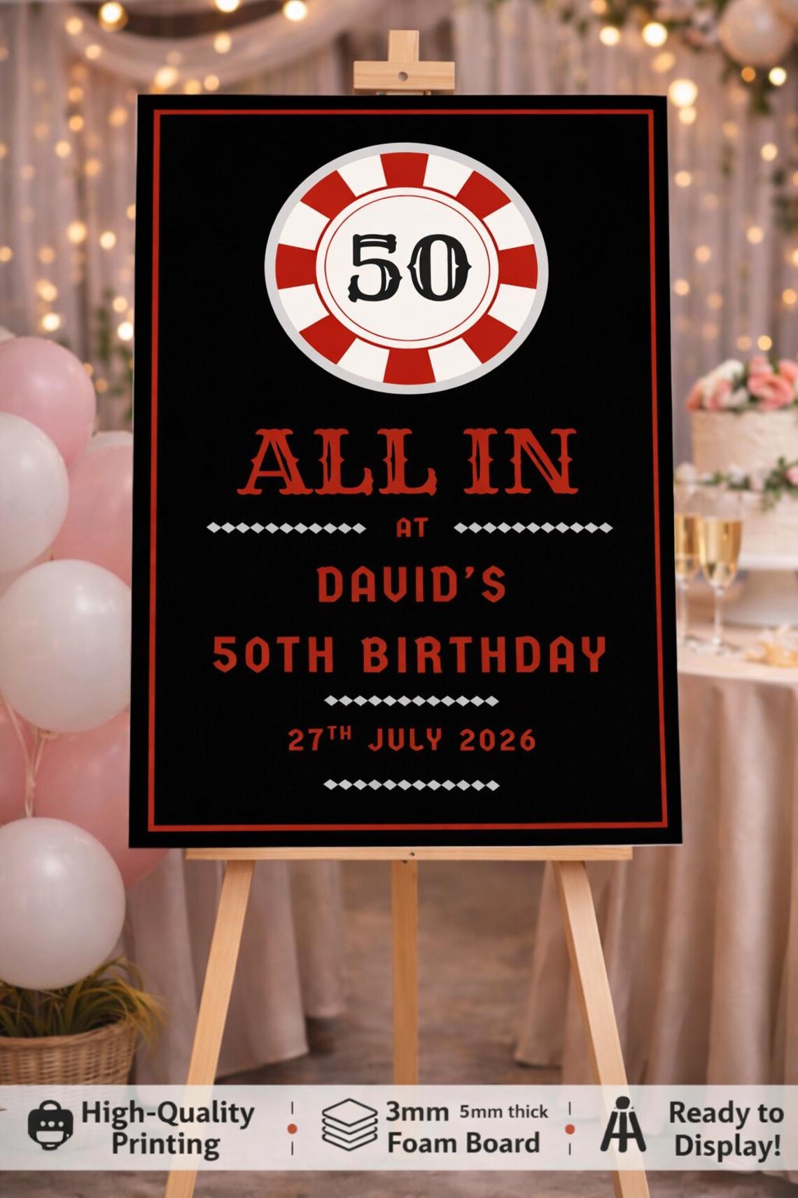 personalised casino poker birthday welcome sign: custom name all in party board