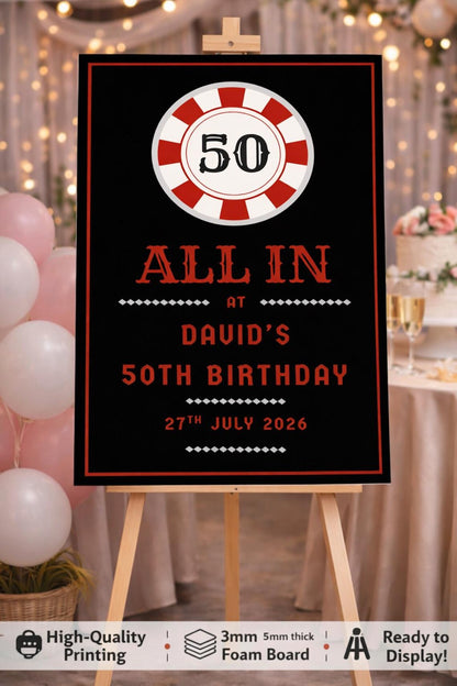 Personalised CASINO POKER BIRTHDAY Welcome Sign: Custom Name All In Party Board