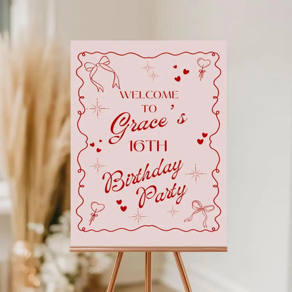 Personalised BIRTHDAY WELCOME SIGN: Custom Name Party Board With Pink Red Bow Hearts