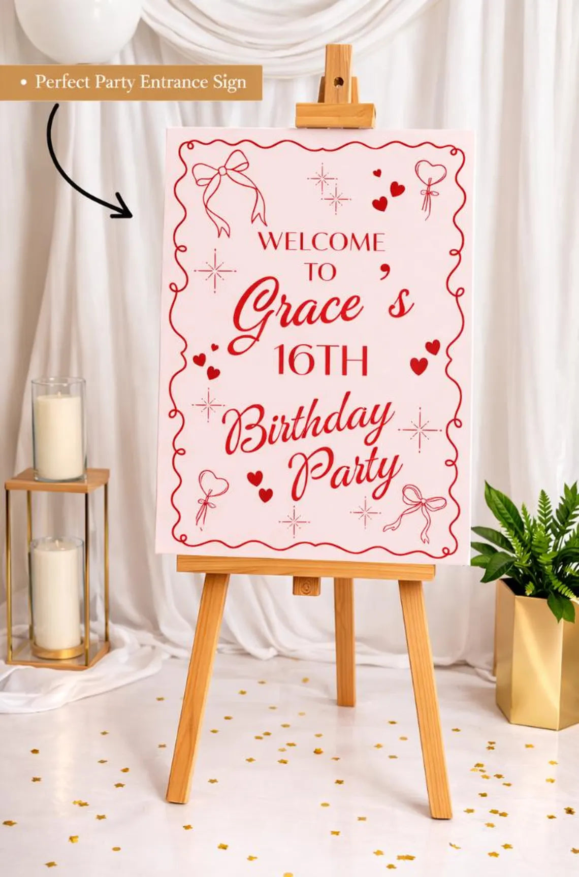 personalised birthday welcome sign: custom name party board with pink red bow hearts