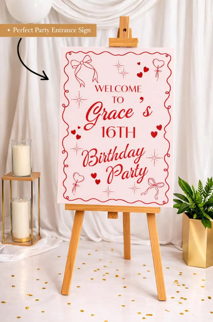 Personalised BIRTHDAY WELCOME SIGN: Custom Name Party Board With Pink Red Bow Hearts