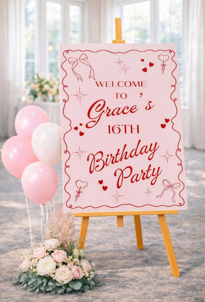 Personalised BIRTHDAY WELCOME SIGN: Custom Name Party Board With Pink Red Bow Hearts