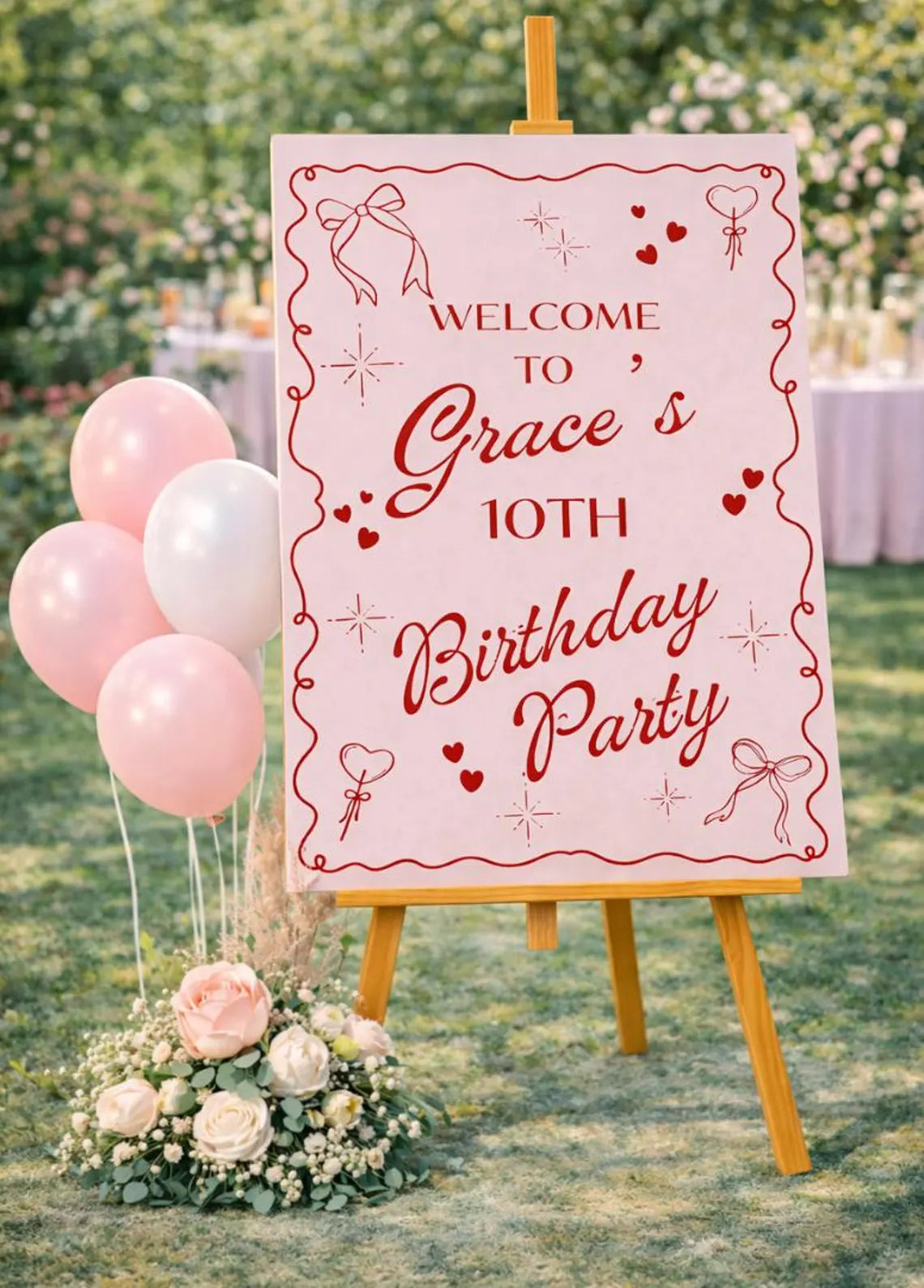personalised birthday welcome sign: custom name party board with pink red bow hearts