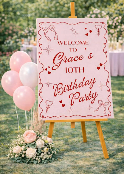 Personalised BIRTHDAY WELCOME SIGN: Custom Name Party Board With Pink Red Bow Hearts