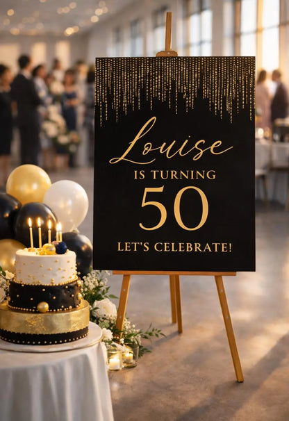 Personalised BIRTHDAY WELCOME SIGN: Custom Milestone Birthday Board, Black & Gold Glitter Decoration