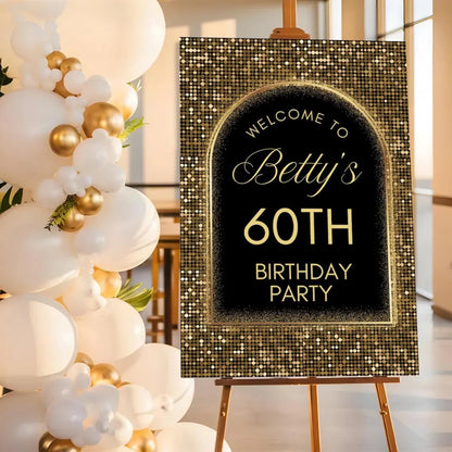 Personalised BIRTHDAY WELCOME Sign: Black Gold Glitter Foam Board Décor
