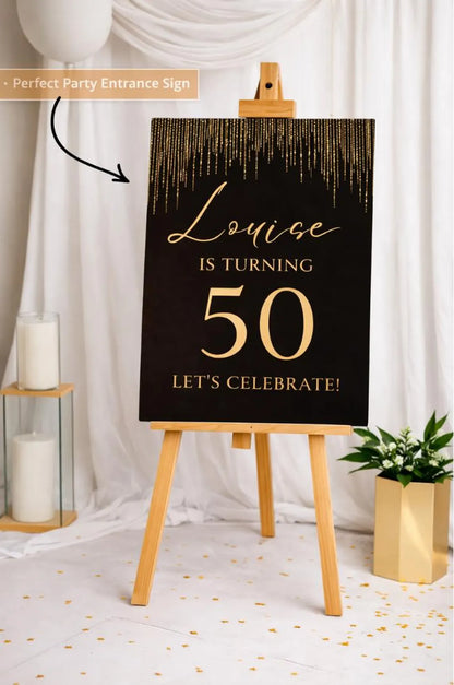 Personalised BIRTHDAY WELCOME SIGN: Custom Milestone Birthday Board, Black & Gold Glitter Decoration