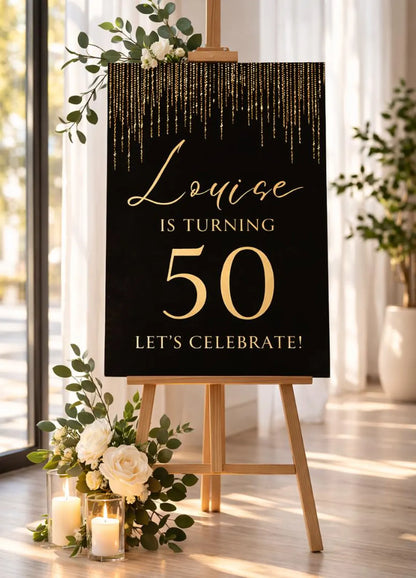 Personalised BIRTHDAY WELCOME SIGN: Custom Milestone Birthday Board, Black & Gold Glitter Decoration